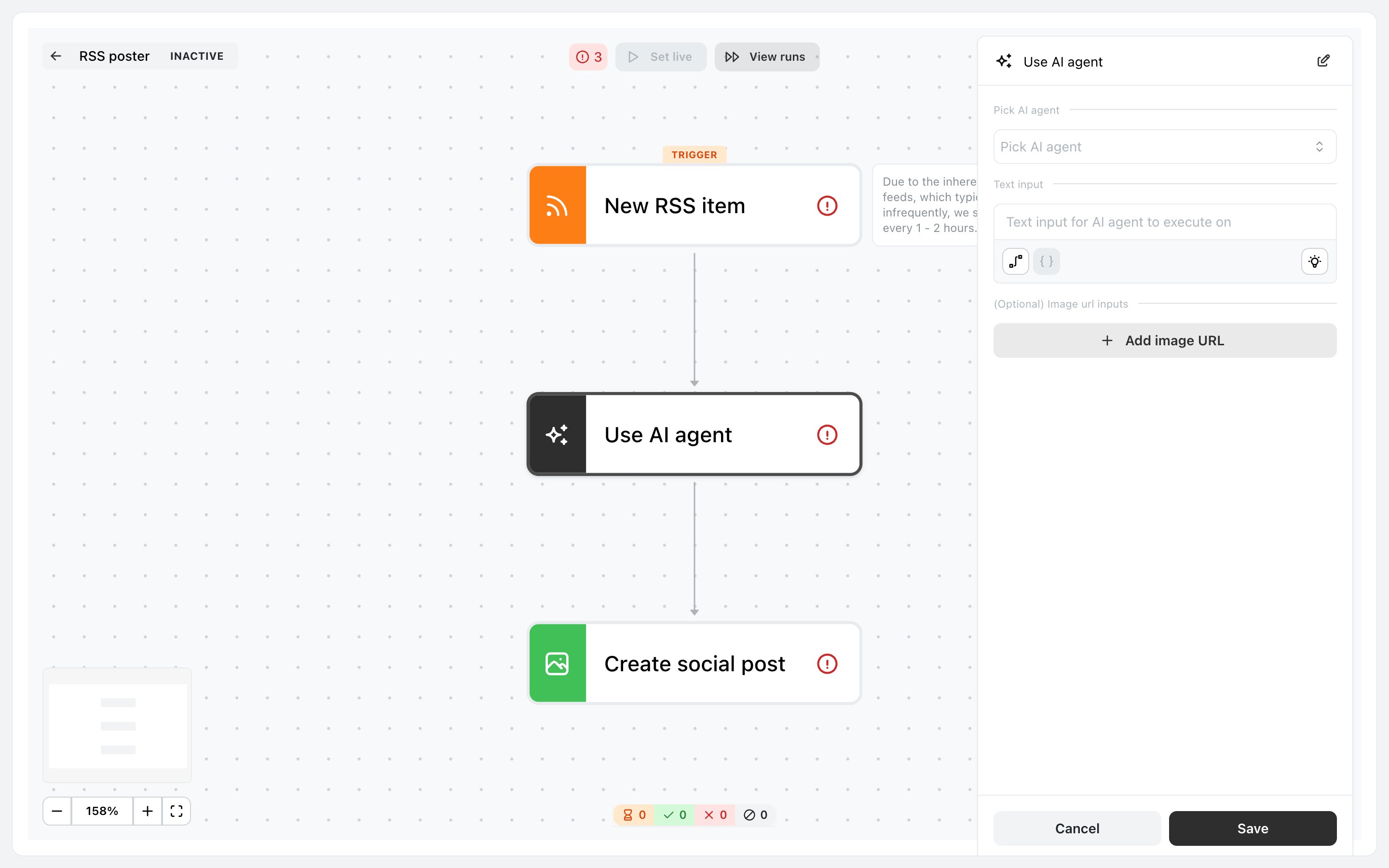 Ocoya workflow builder with the Use AI agent step selected, showing a configuration panel with a Pick AI agent dropdown, a Text input field, an optional Add image URL button, and Cancel and Save buttons