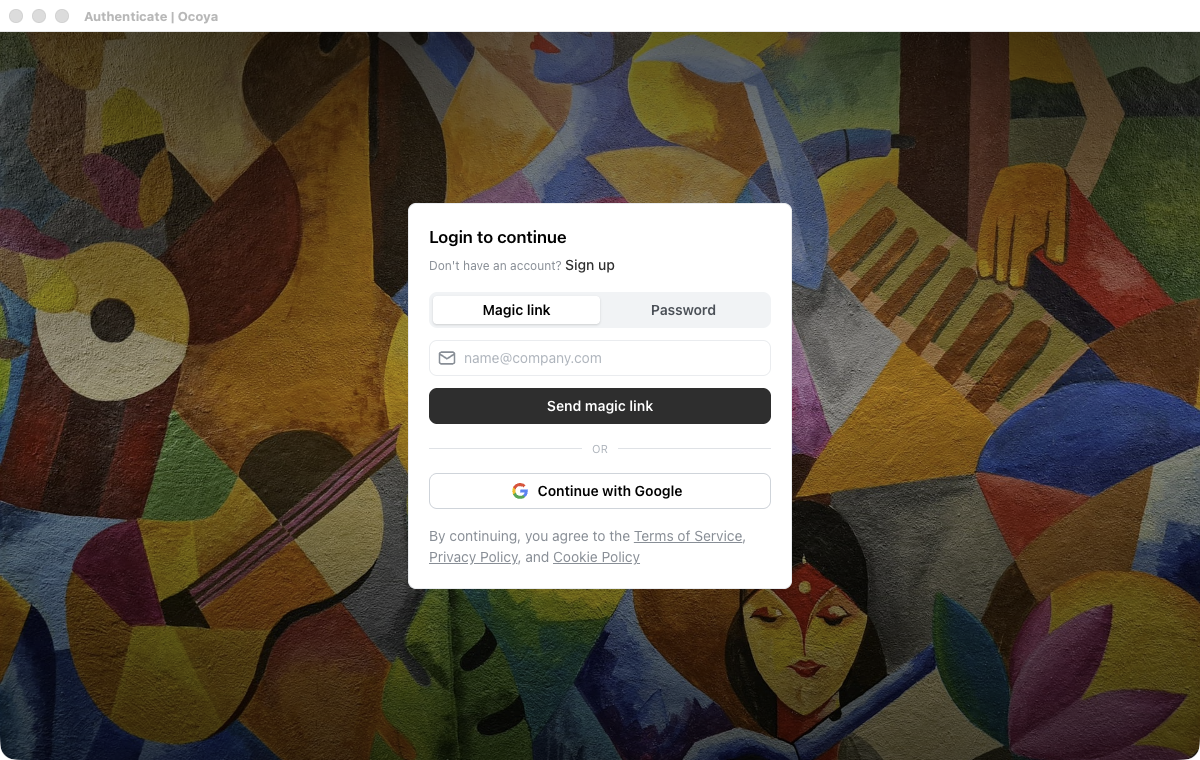 Ocoya open in its own desktop window titled Authenticate | Ocoya, showing the login card with Magic link and Password options and a Continue with Google button