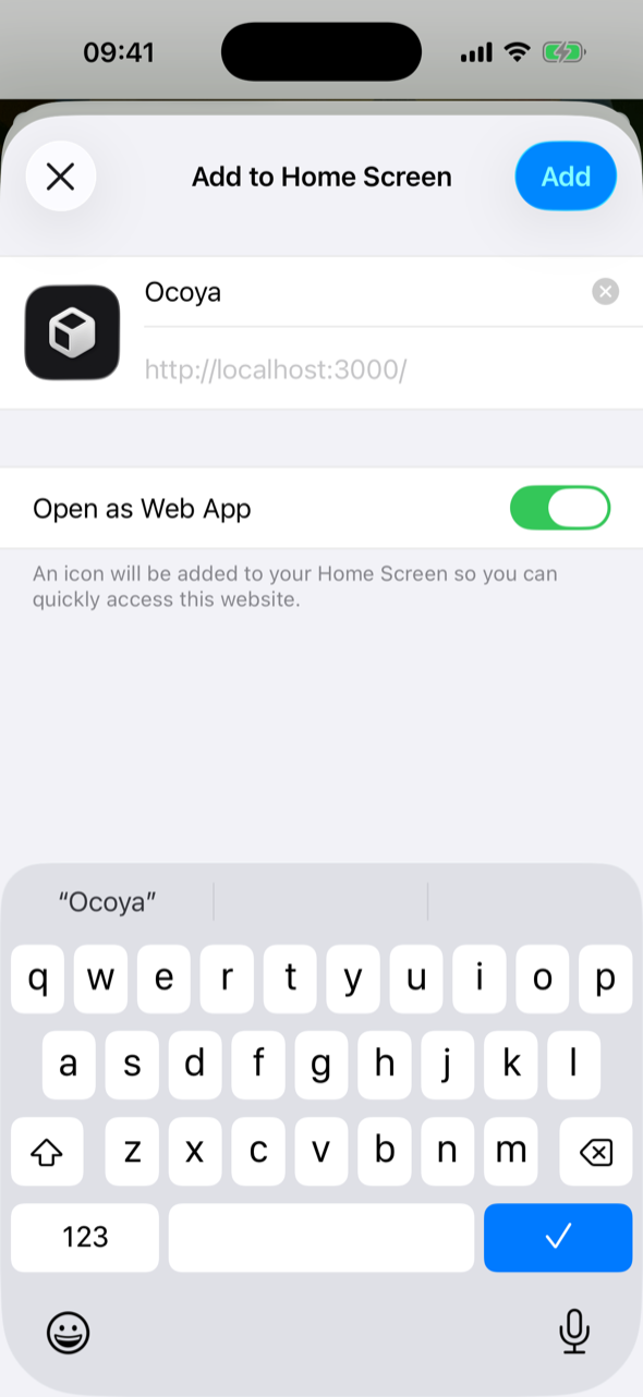 The Add to Home Screen sheet showing the black Ocoya icon, the name Ocoya, and the Open as Web App switch turned on, with an Add button in the top-right corner