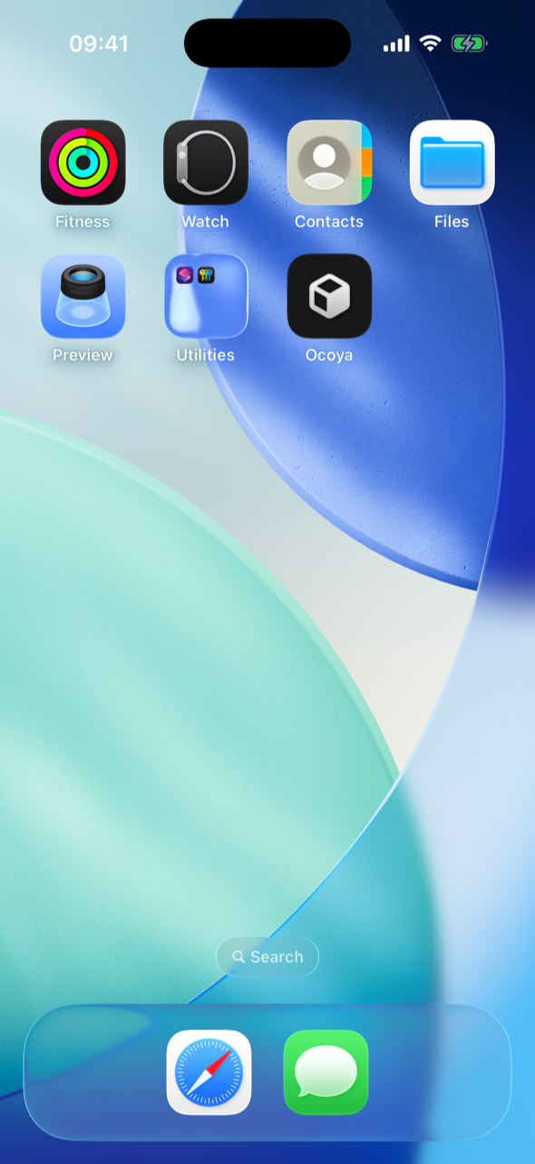 An iPhone home screen with the black Ocoya app icon in the second row