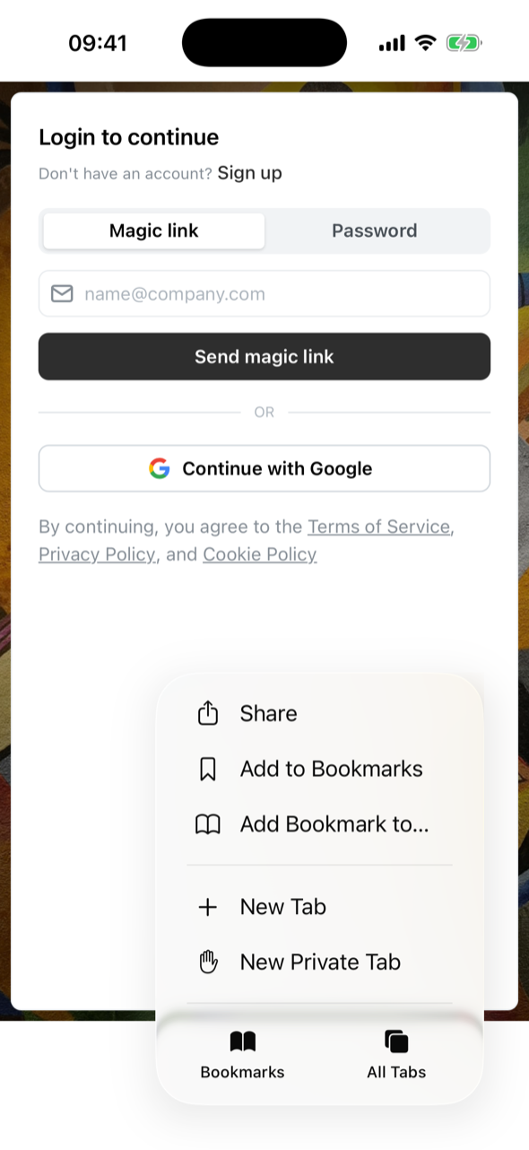 Safari on iPhone showing the Ocoya login page with the more menu open, listing Share, Add to Bookmarks, Add Bookmark to, New Tab and New Private Tab