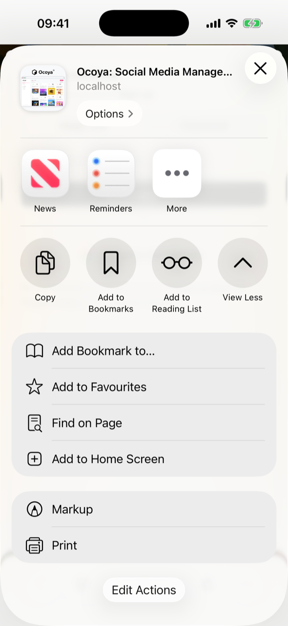 The iPhone share sheet for Ocoya, expanded to show Add Bookmark to, Add to Favourites, Find on Page and Add to Home Screen