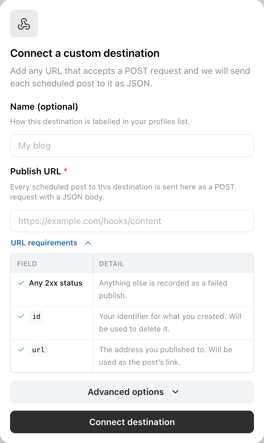 Connect a custom destination dialog with Name, Publish URL and optional Delete URL fields on the left, a grey panel on the right headed What your endpoint should reply showing a JSON snippet returning a url, and a Connect destination button