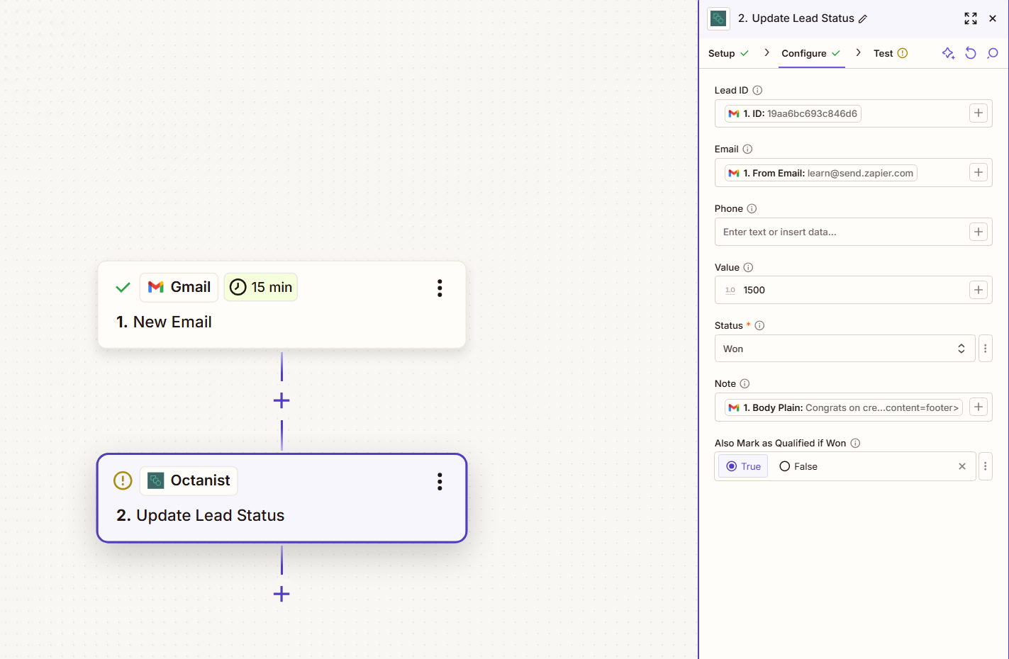 Zapier Configure Update Lead Pn