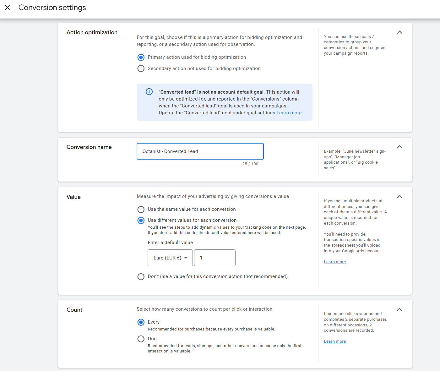 Google Ads Outgoing Integration Conversion Settings