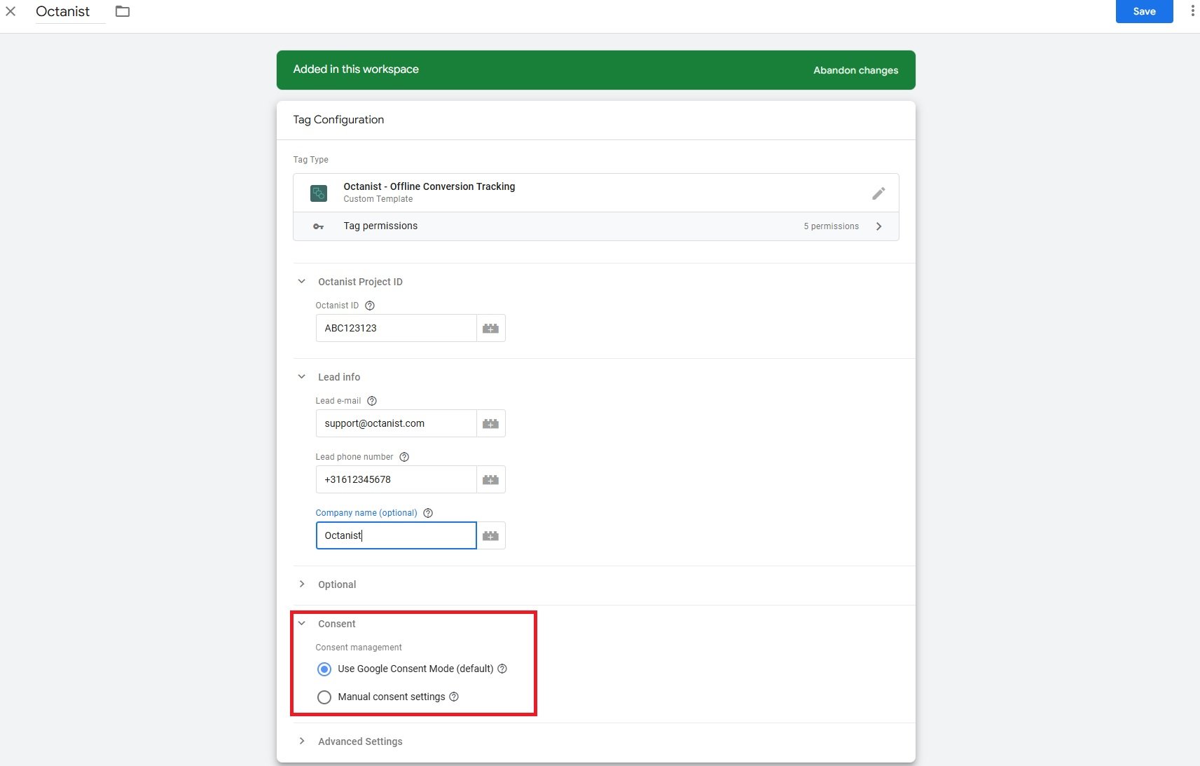 Octanist GTM consent mode option