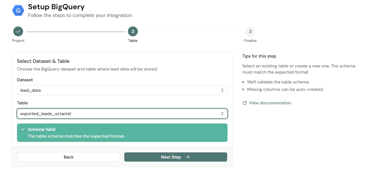 Octanist Integration Google Bigquery Add Table