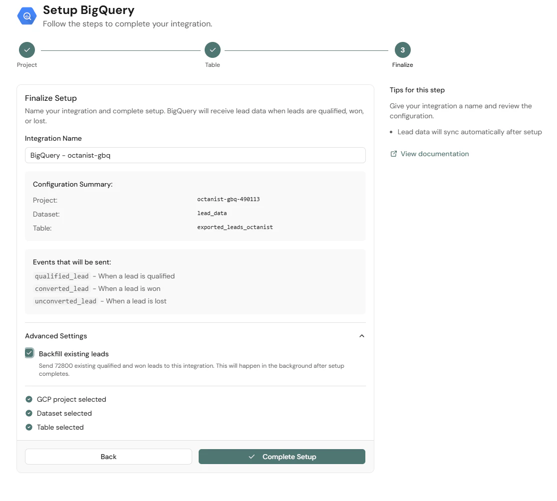 Octanist Integration Google Bigquery Finalize