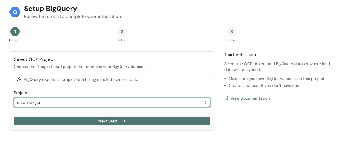 Select BigQuery Project for Octanist