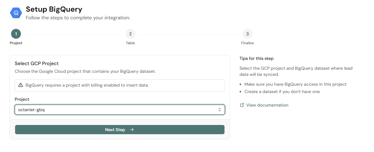 Select BigQuery Project for Octanist