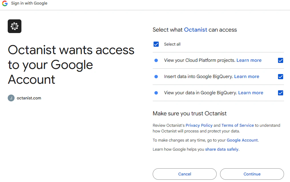 Octanist Integration Sign In Google Bigquery