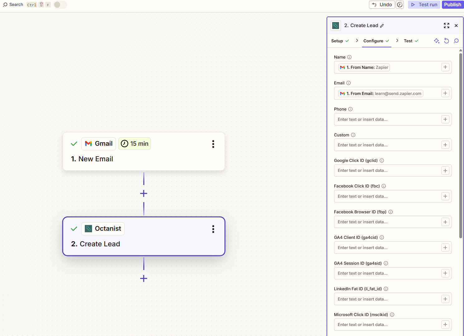 Zapier Configure Create Lead