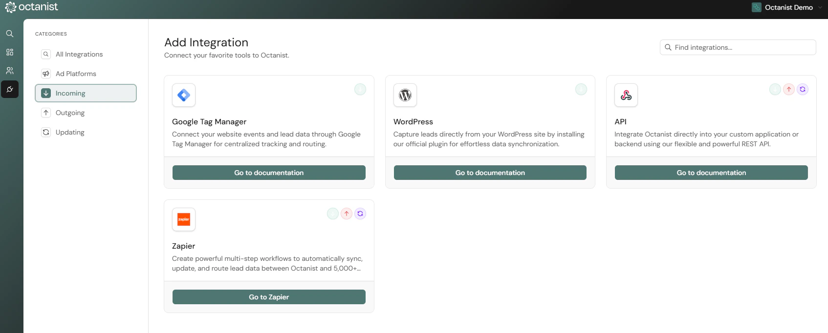 Octanist Incoming Integrations