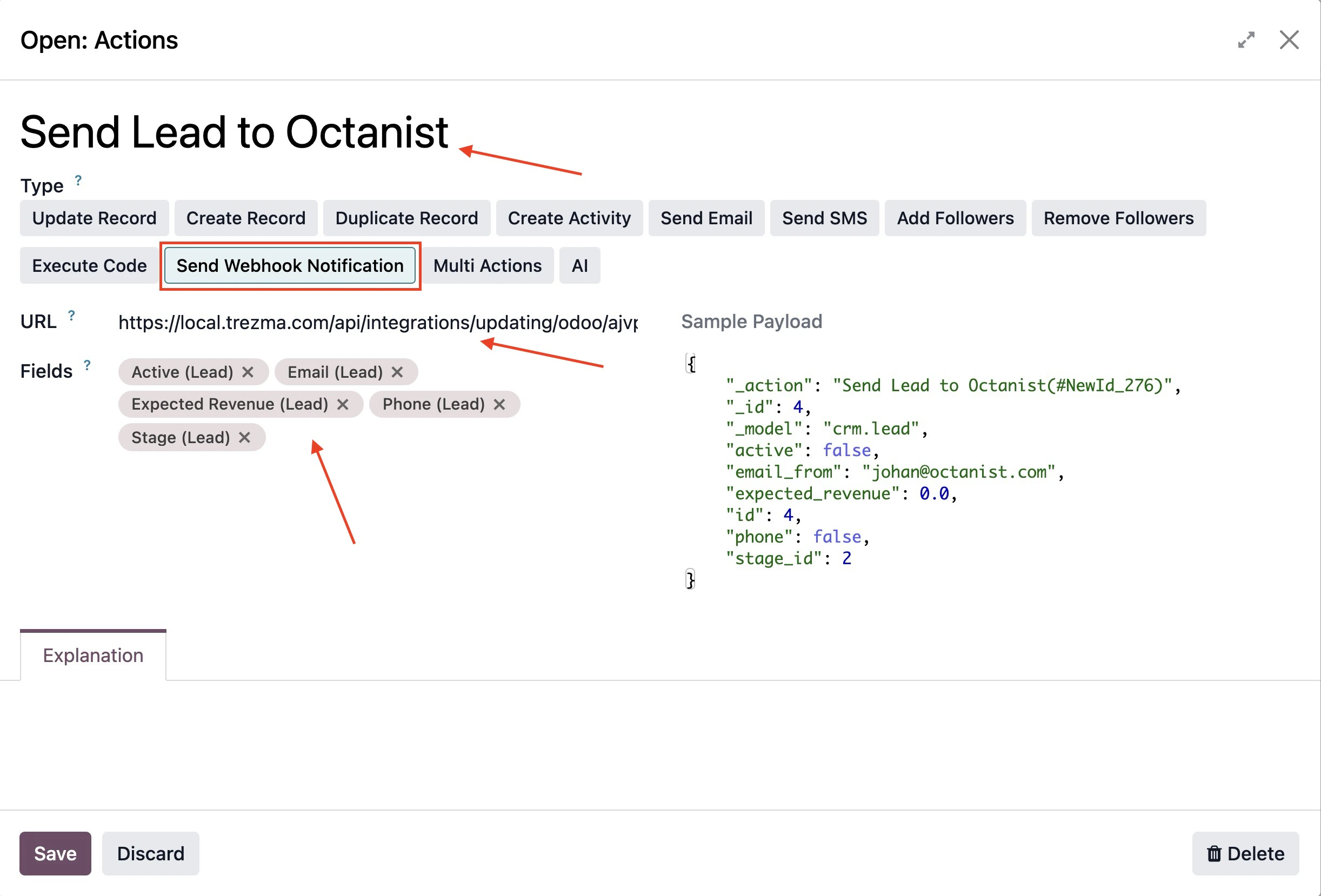 Configure the Odoo webhook action fields