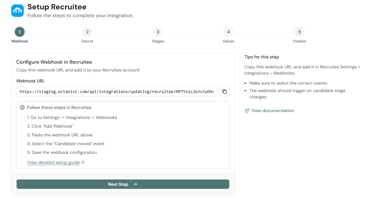 Octanist Integration Updating Webhook Recruitee