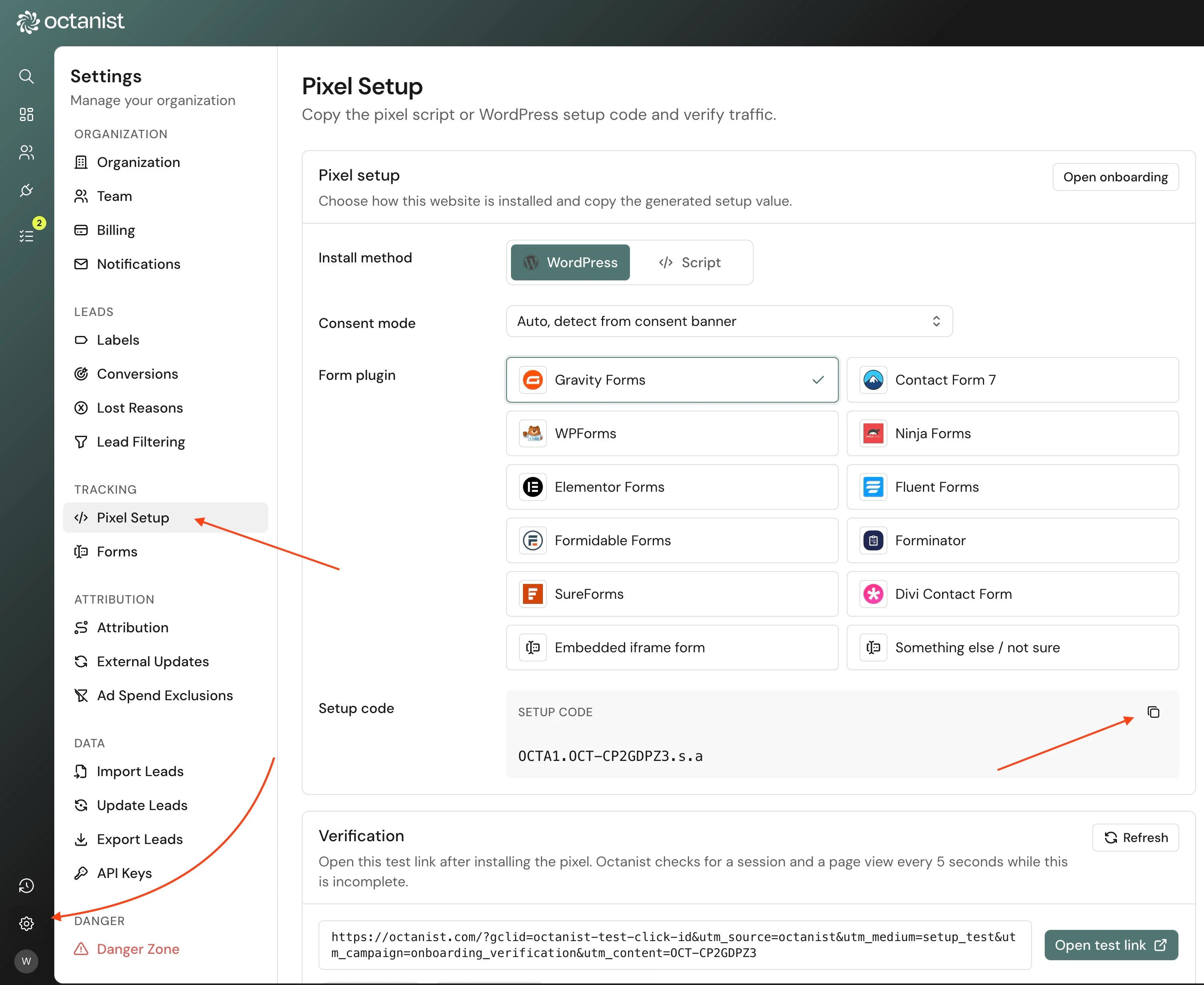 Copy the WordPress setup code from Octanist