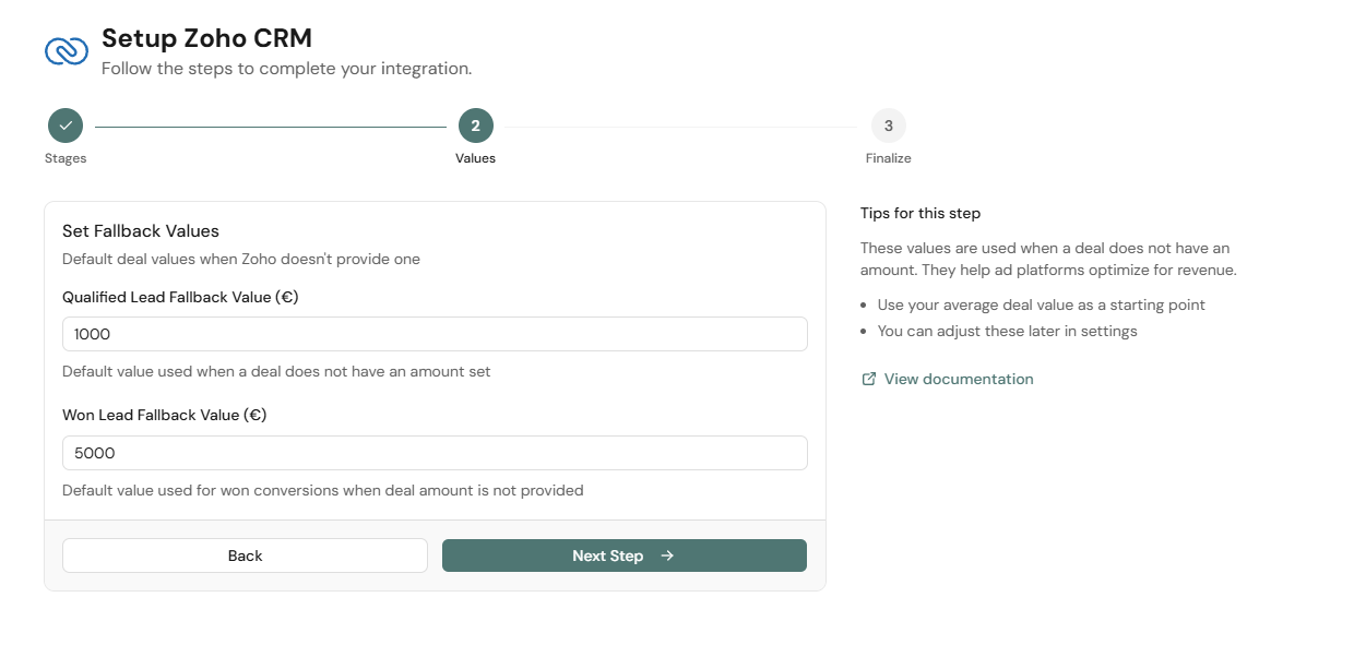 Zoho CRM Step 17 Zoho Integration Add Values