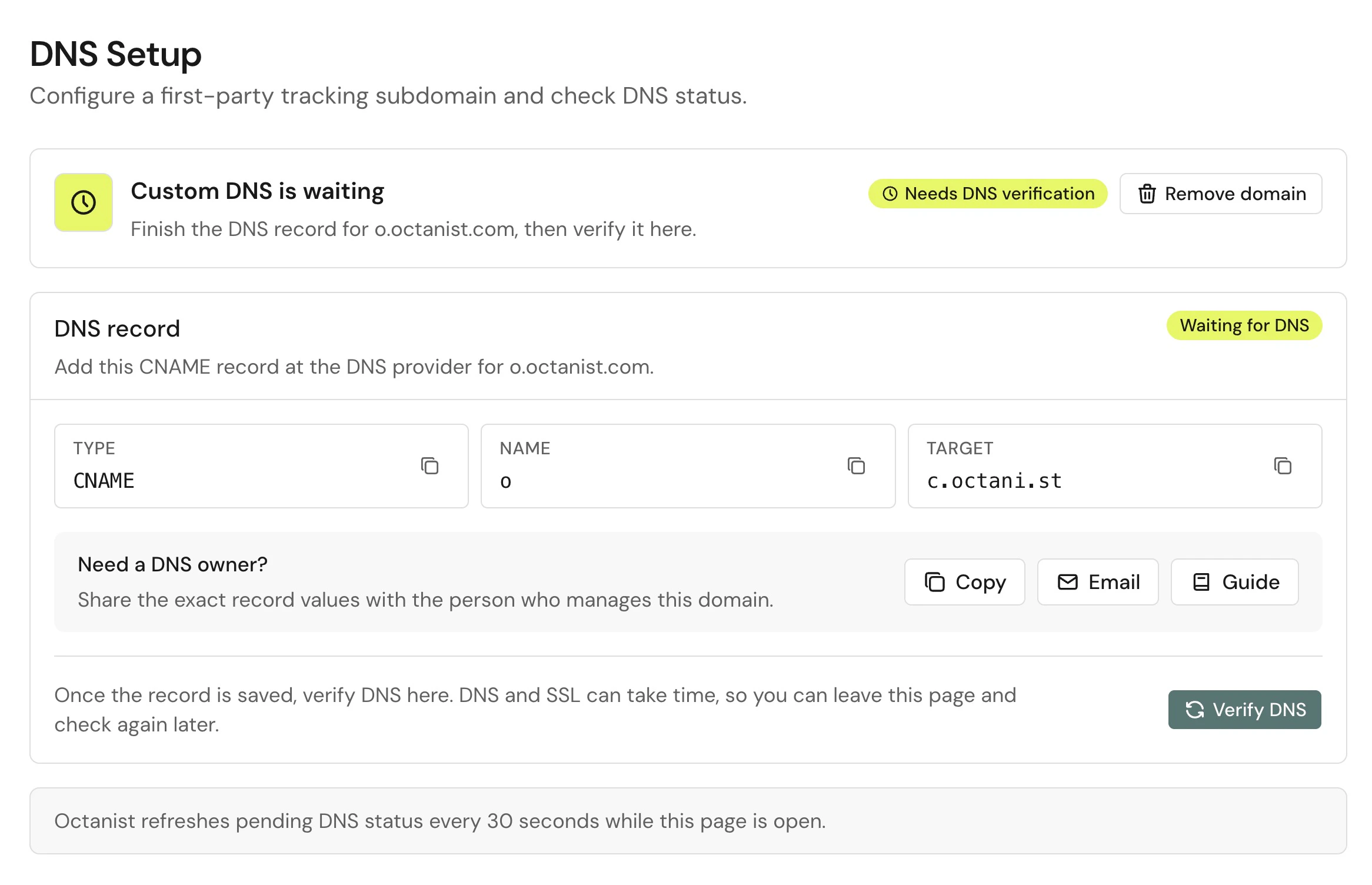 Copy the CNAME record values from the Octanist DNS setup page