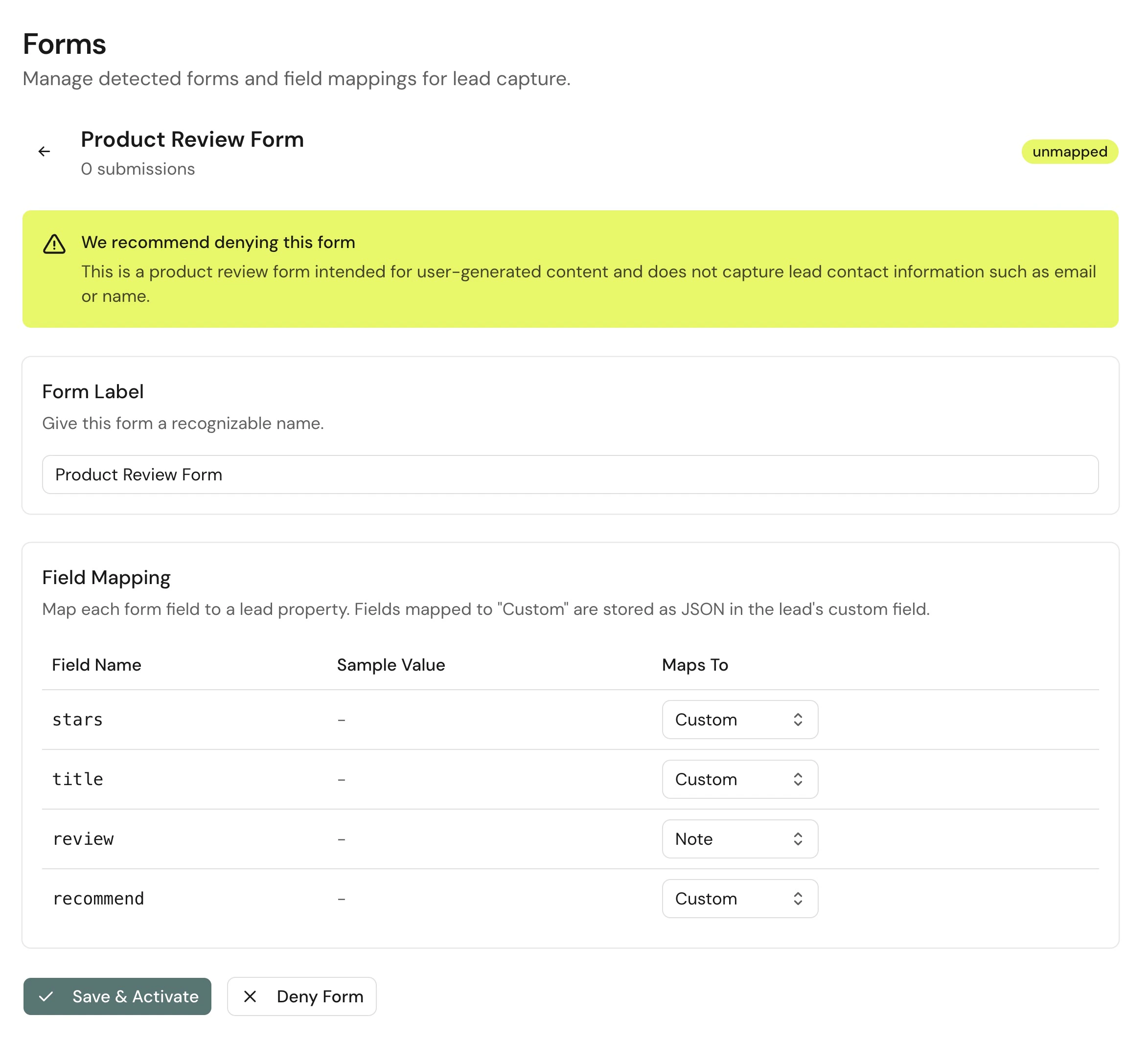 Deny a detected form that should not create leads