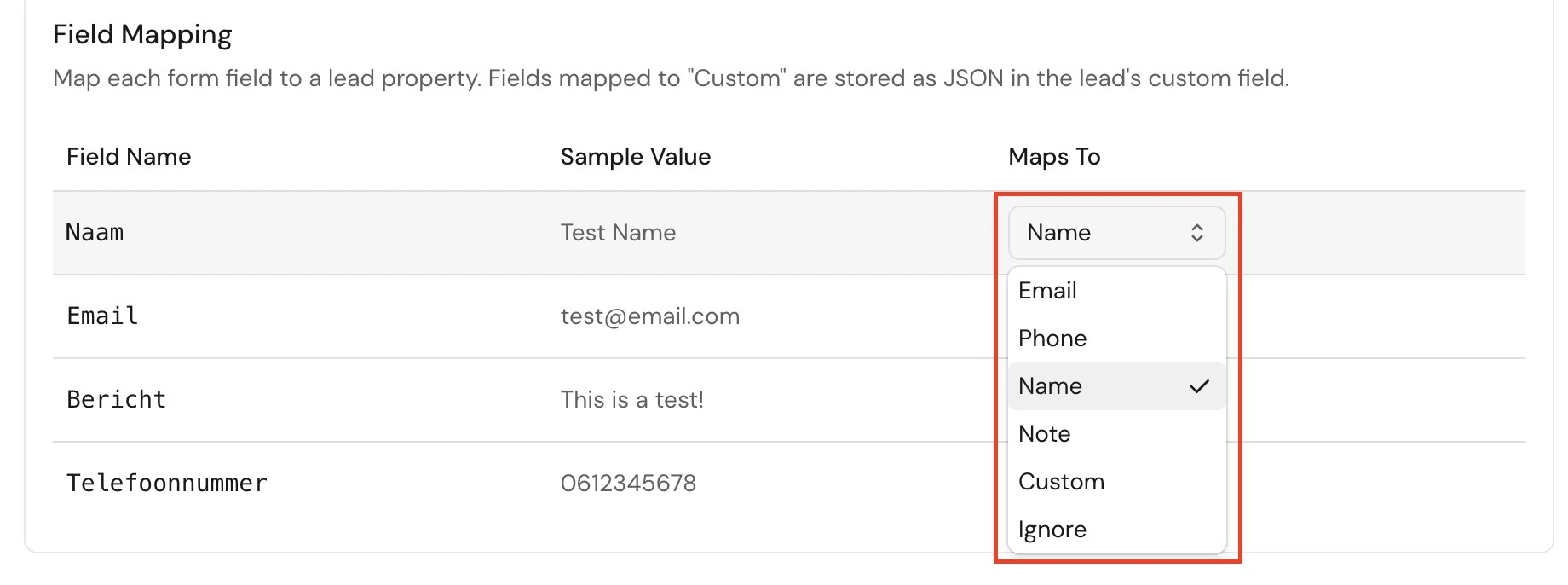 Choose what each detected form field maps to