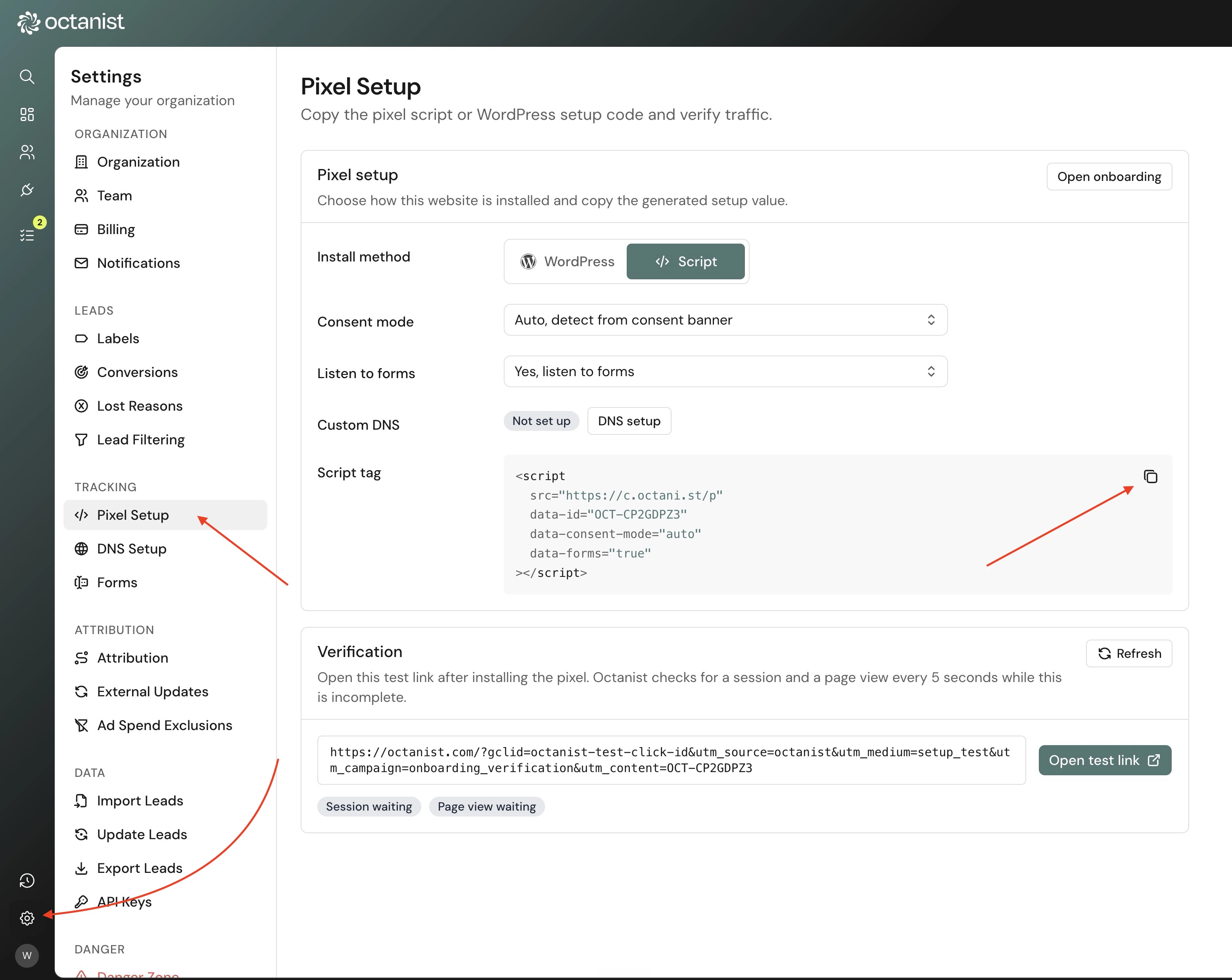 Copy the Octanist pixel script from Pixel Setup