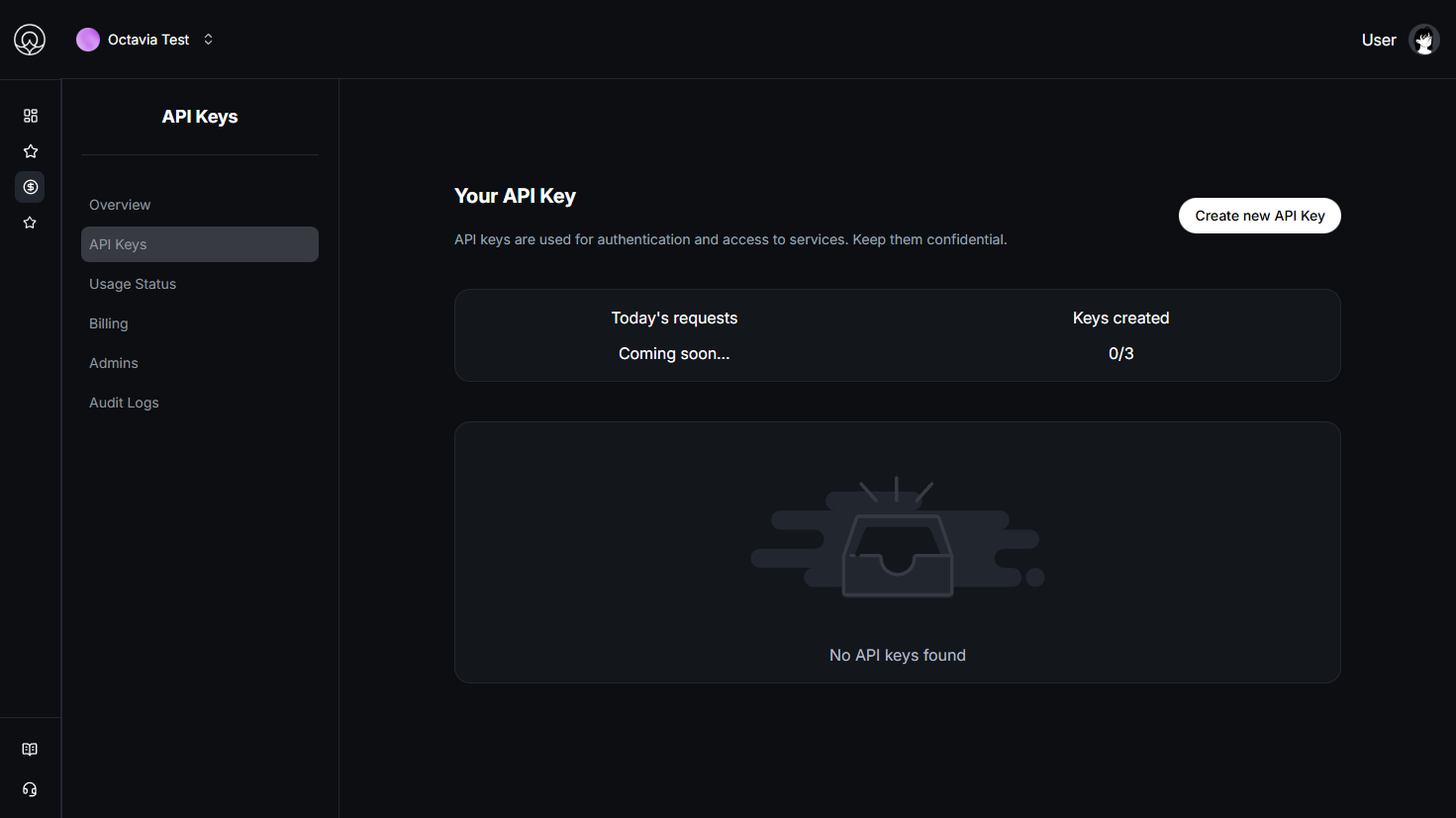 Open API keys in dashboard