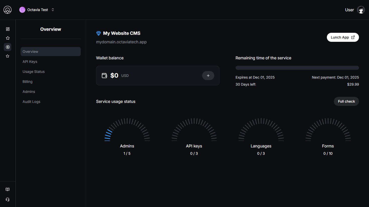 Service dashboard and settings