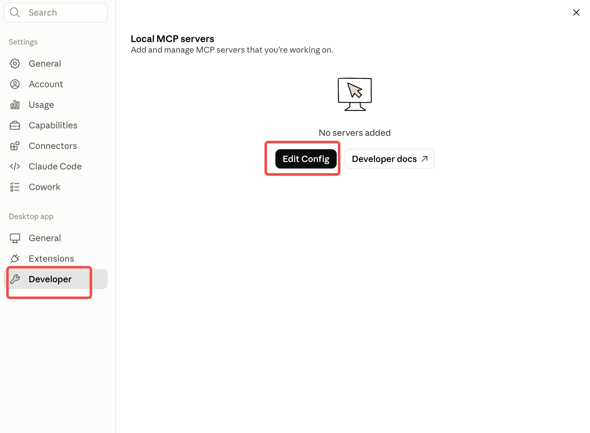 Settings → Developer tab with Edit Config