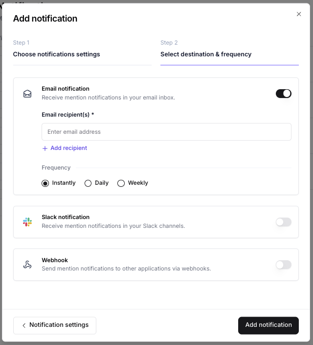 Step 2: Select destination and frequency