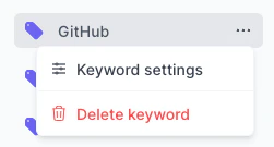 Hover over a keyword, then click the three dots to open Keyword settings.