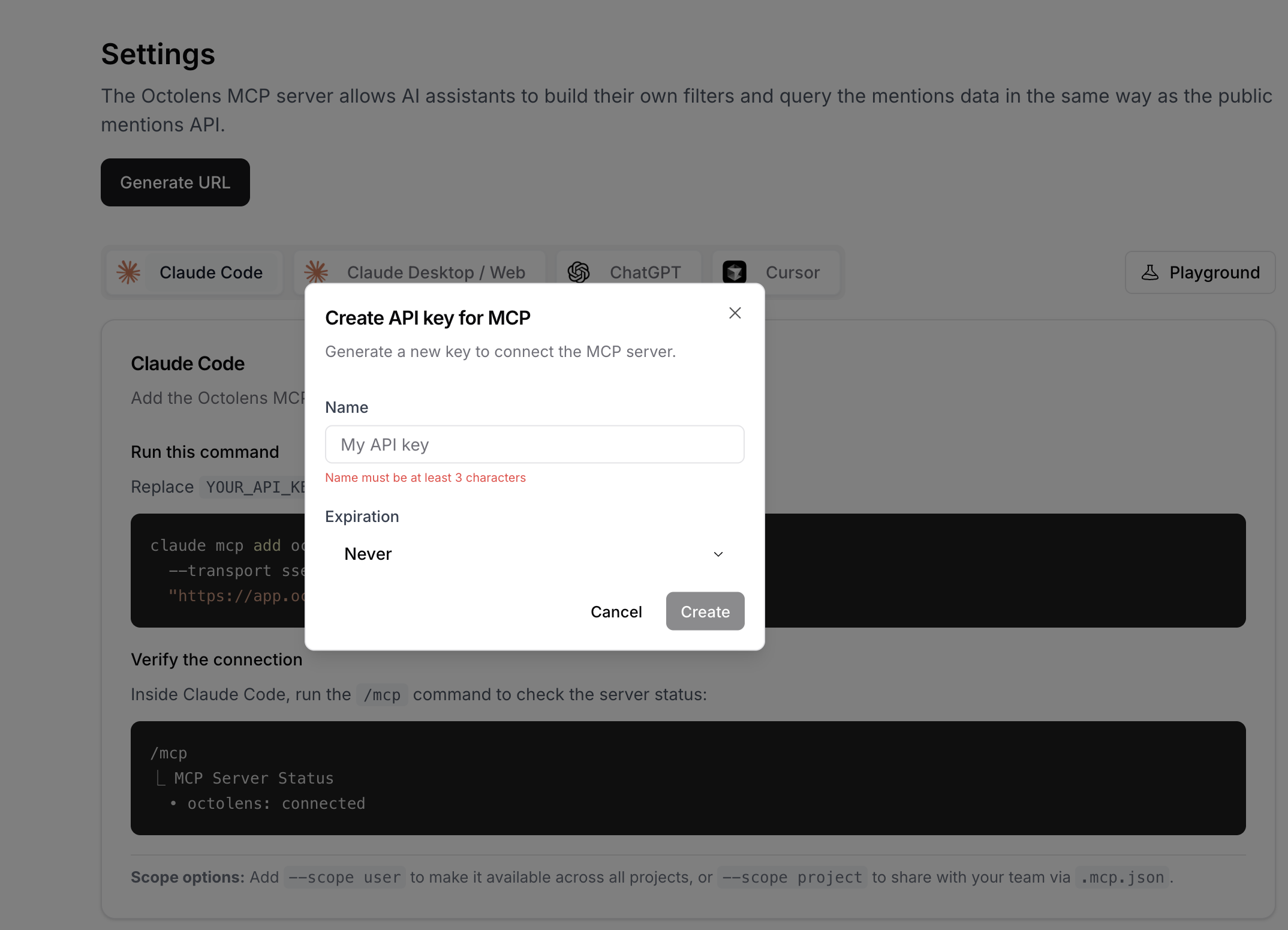 Generate MCP URL in Octolens settings