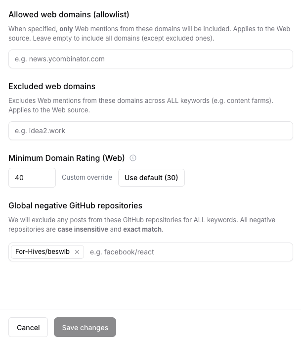 Global keyword settings showing allowed web domains, excluded web domains, and minimum Domain Rating for Web