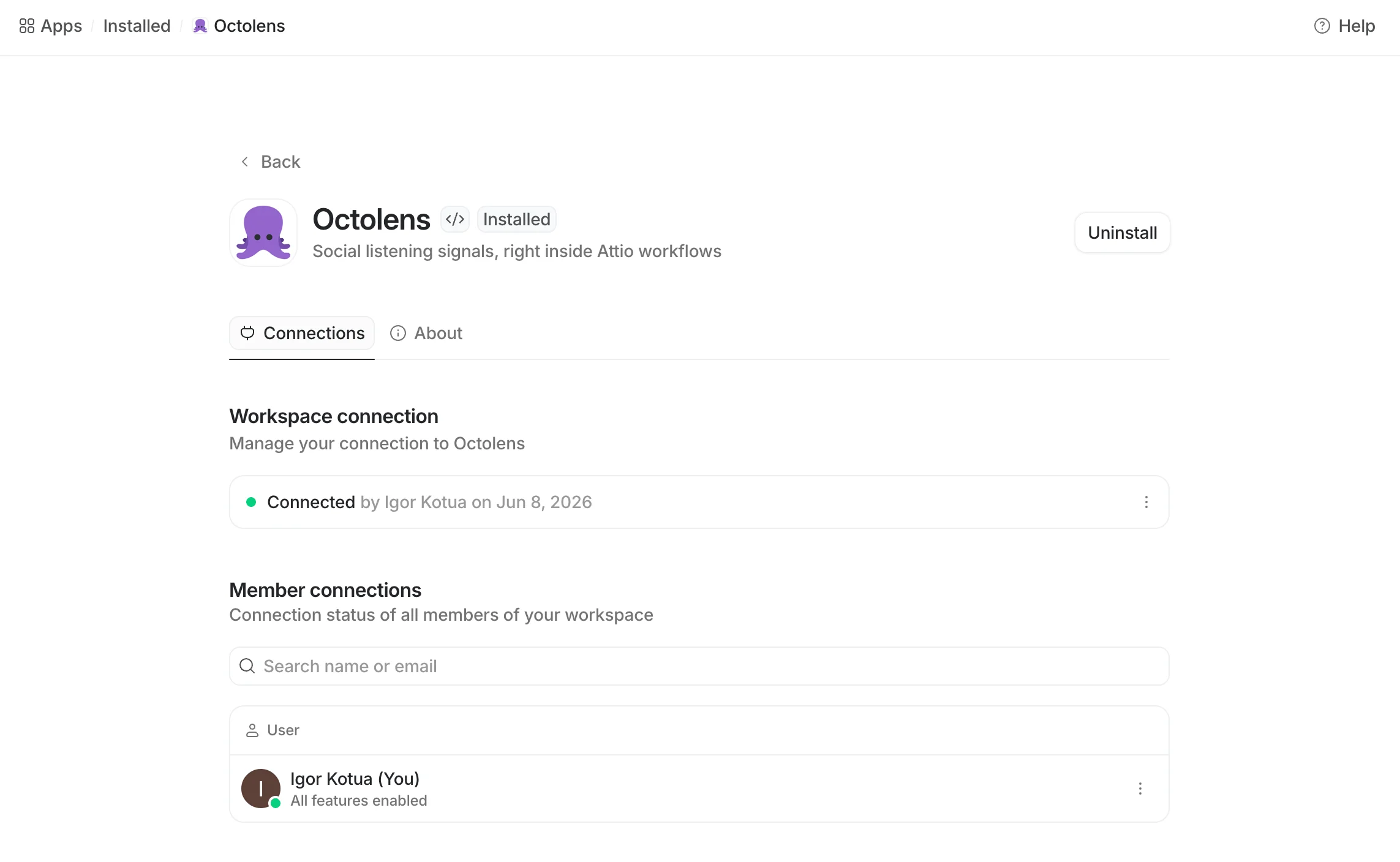 Octolens app Connections tab in Attio showing Workspace connection and Member connections