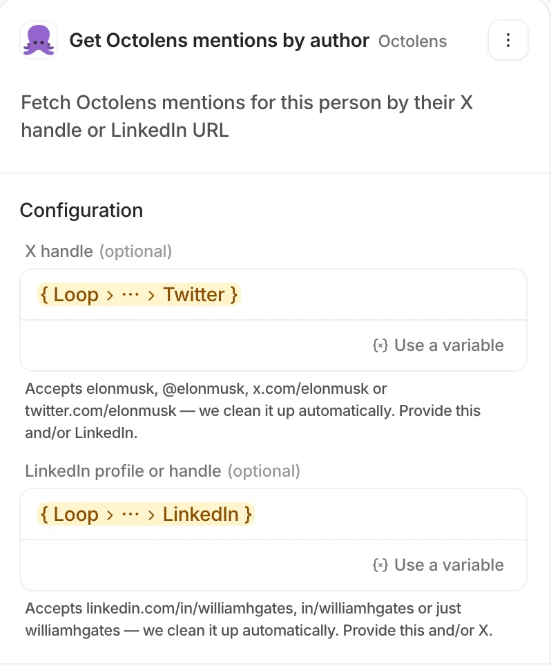 Get Octolens mentions by author step configuration with X handle and LinkedIn inputs mapped from workflow variables