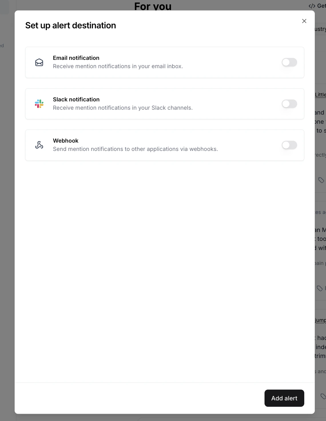 Set up alert destination sheet with Email notification, Slack notification, and Webhook toggles