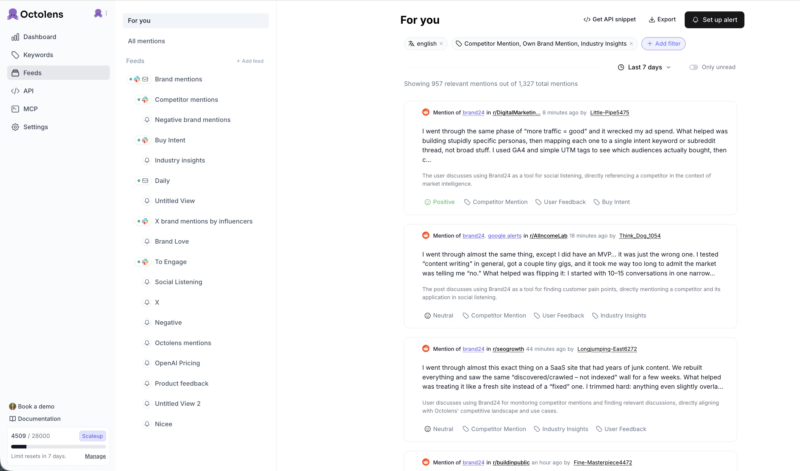 Octolens Feeds sidebar showing All mentions, default feeds like Brand mentions and Competitor mentions, and custom feeds