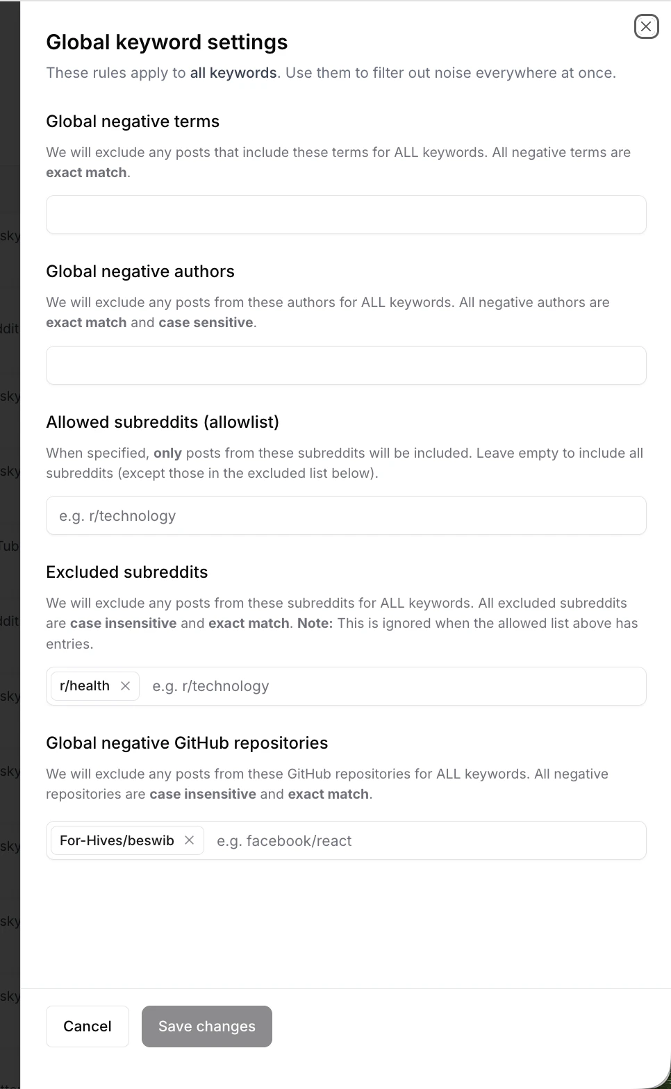 Global keyword settings sheet showing Global negative terms, Global negative authors, Allowed subreddits, Excluded subreddits, and Global negative GitHub repositories