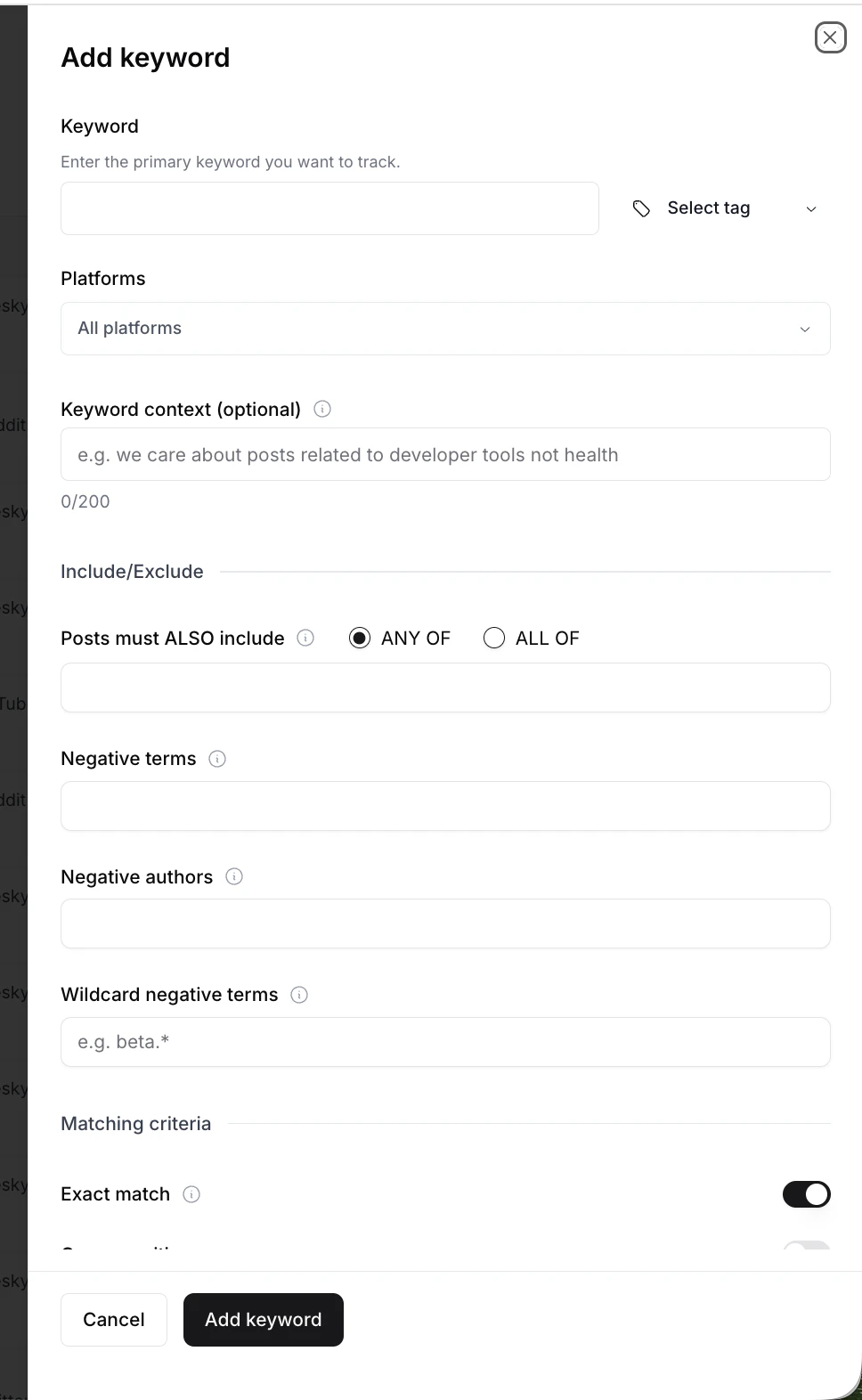 Keyword Settings sheet showing Keyword, Platforms, Keyword context, Posts must ALSO include, Negative terms, Negative authors, Wildcard negative terms, and Matching criteria fields