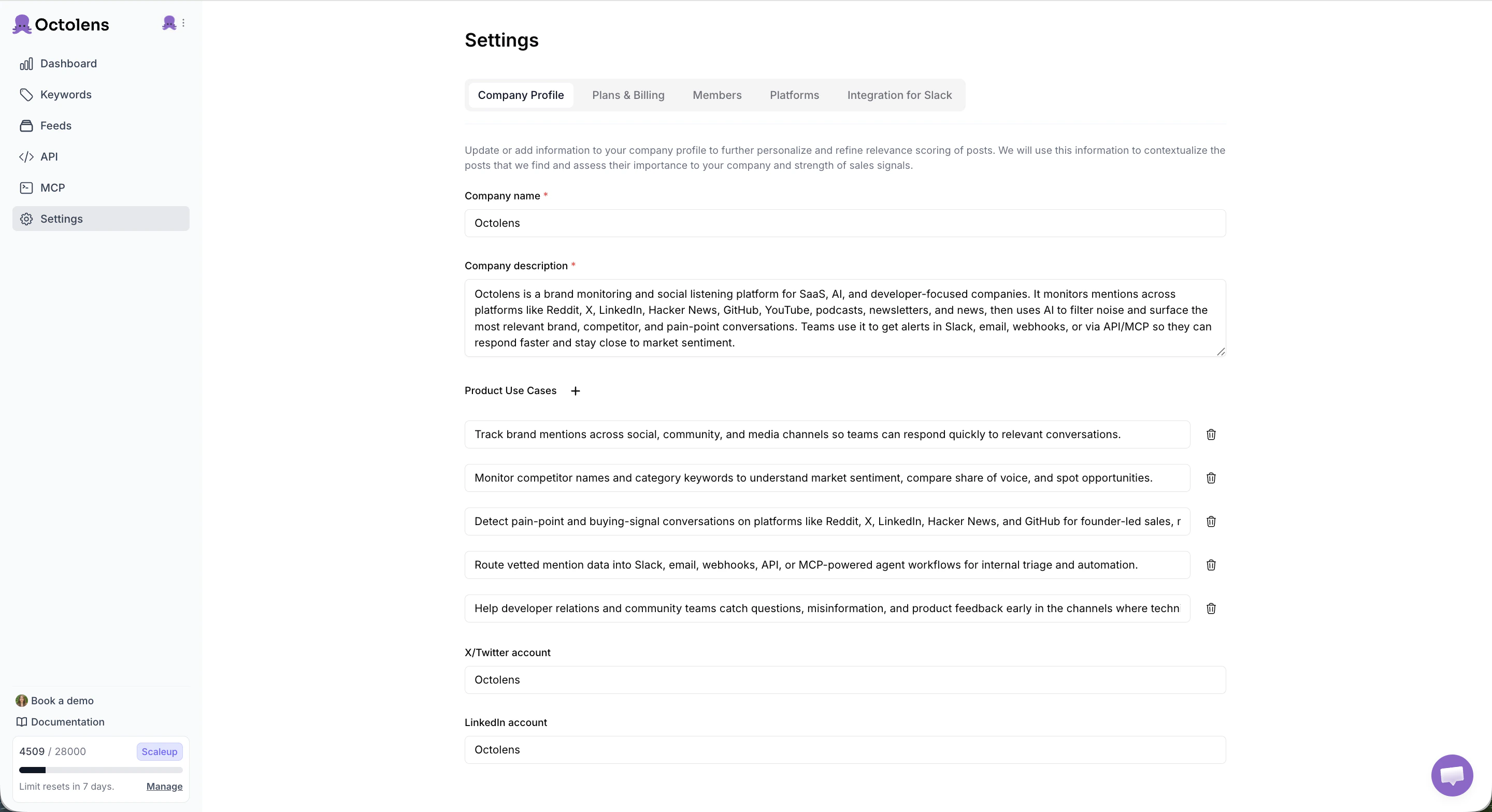 Company Profile settings tab with Company name, Company description, Product Use Cases, X/Twitter account, and LinkedIn account fields