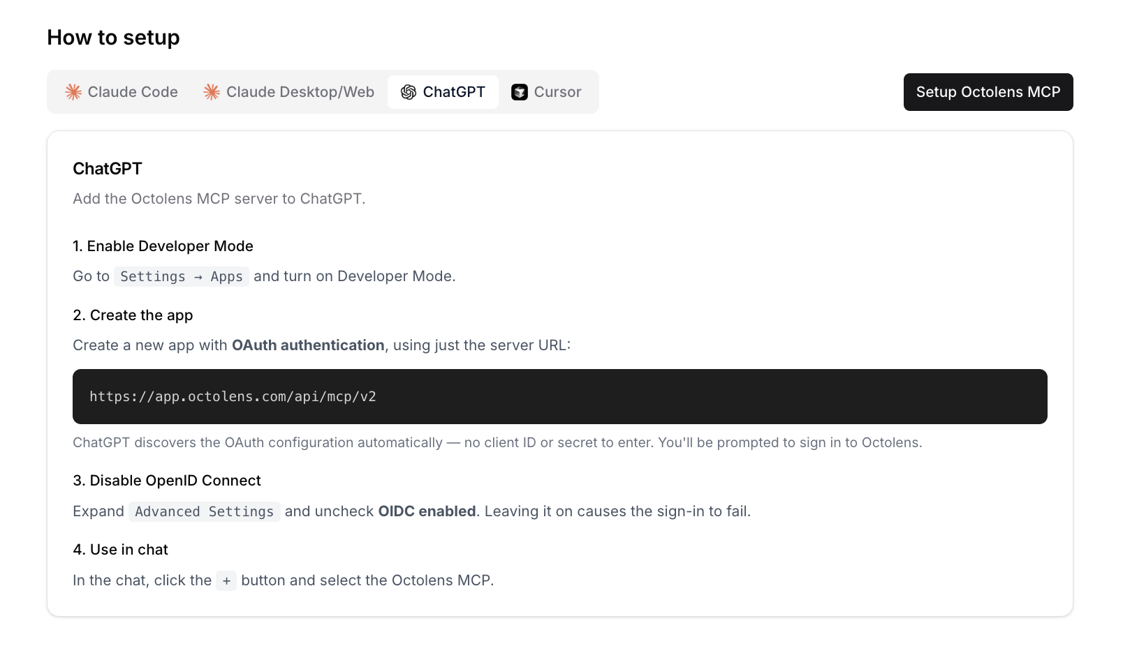ChatGPT setup steps for Octolens
