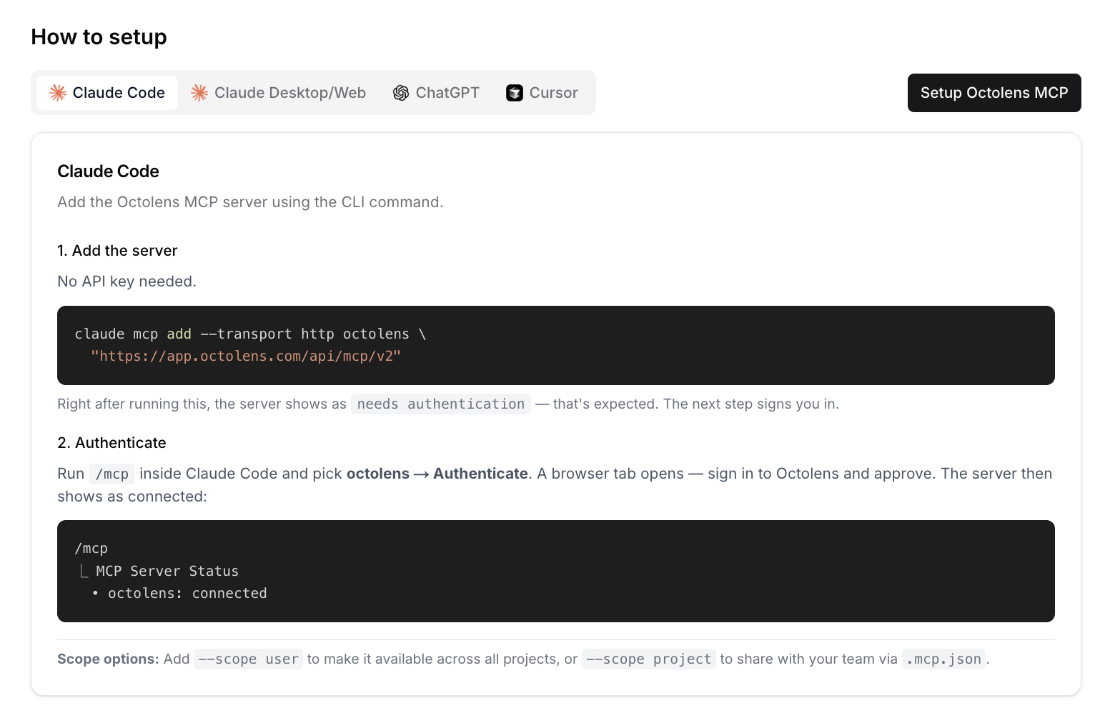Claude Code setup steps for Octolens