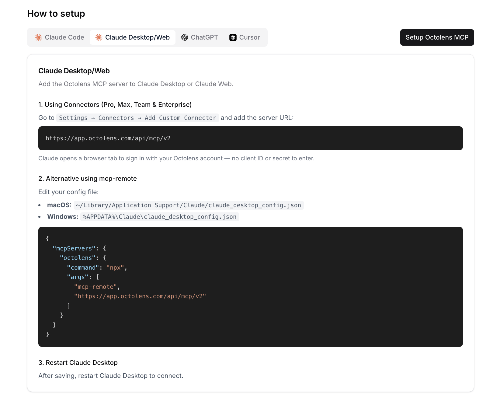 Claude Desktop and Web setup steps for Octolens