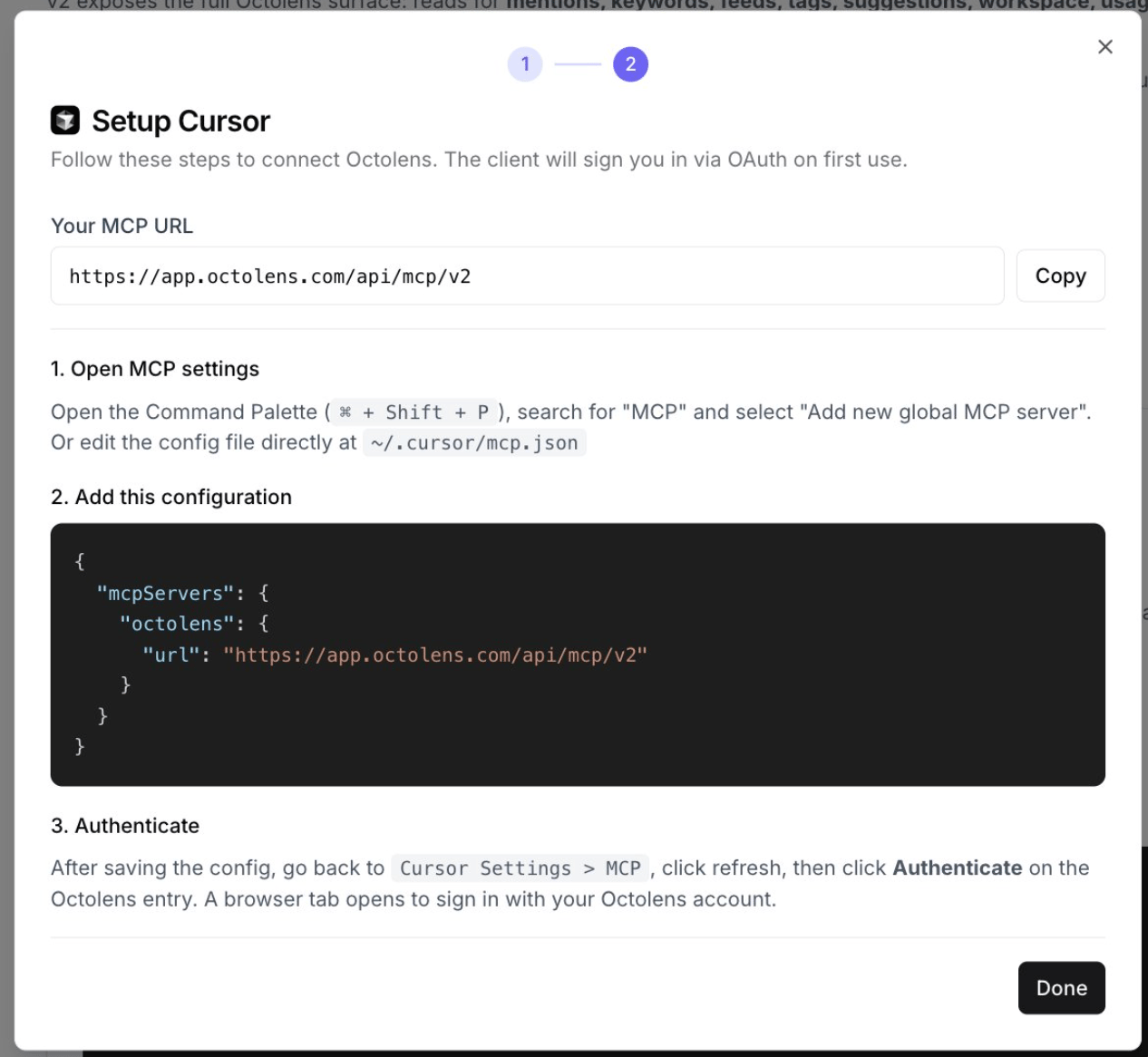 Cursor setup steps for Octolens