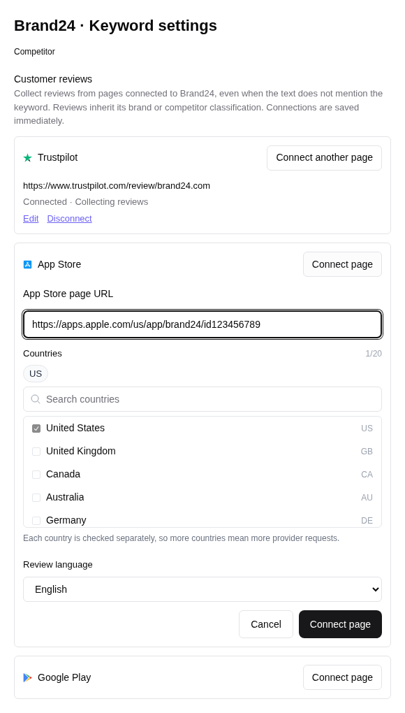Customer reviews section in Keyword Settings with a connected Trustpilot page and an App Store connection form showing URL, country picker, and review language