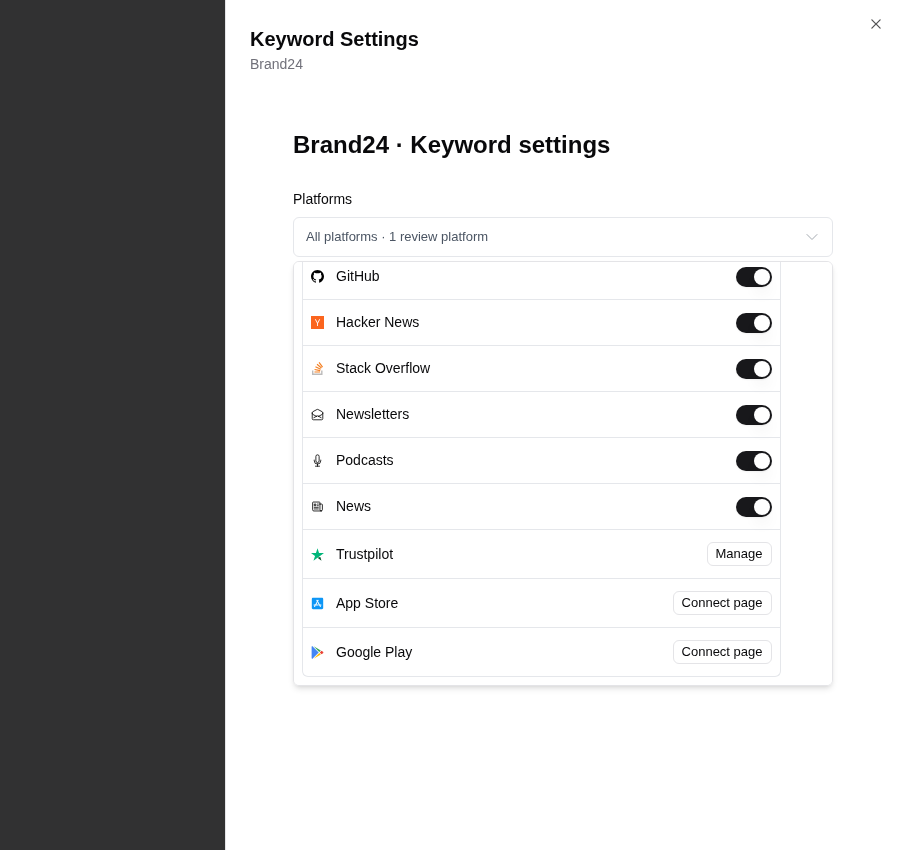 Keyword Settings platforms dropdown showing regular platforms with toggles, and Trustpilot, App Store, and Google Play rows with Manage and Connect page buttons