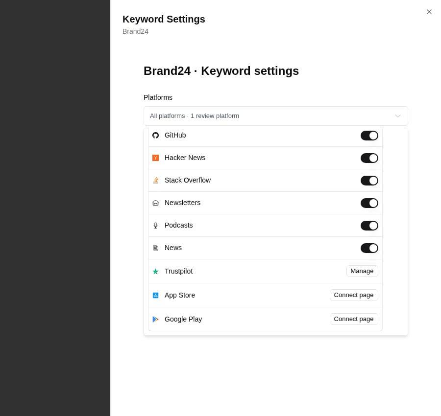 Keyword Settings platforms dropdown showing regular platforms with toggles, and Trustpilot, App Store, and Google Play rows with Manage and Connect page buttons