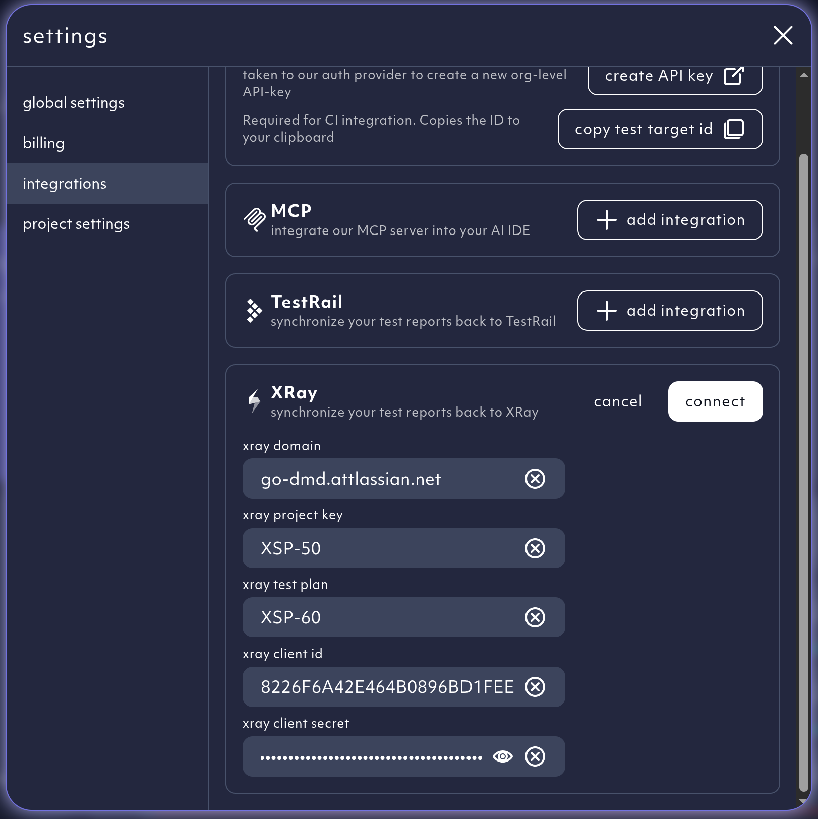 connect test management system in settings, screenshot