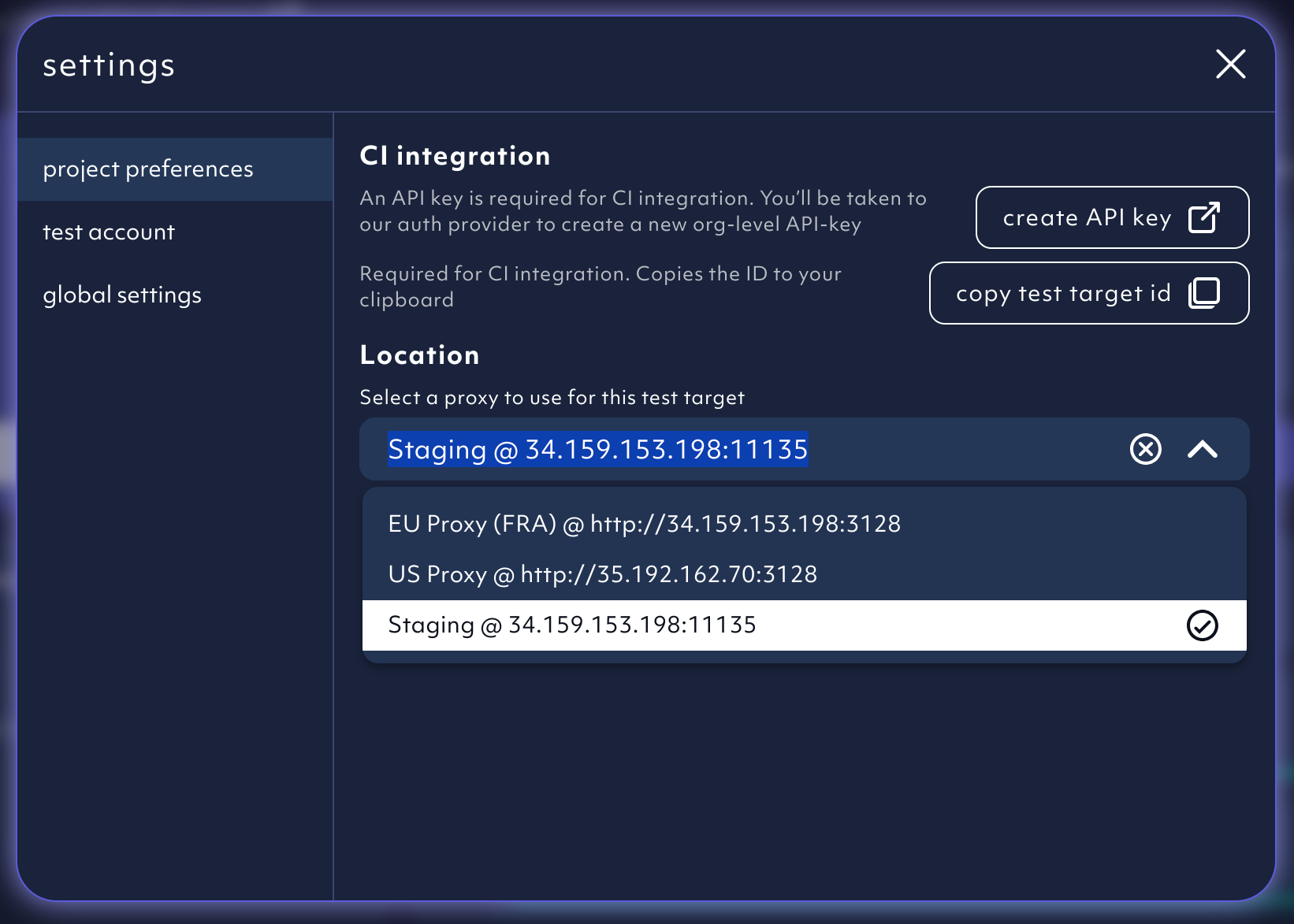 proxy settings with private location