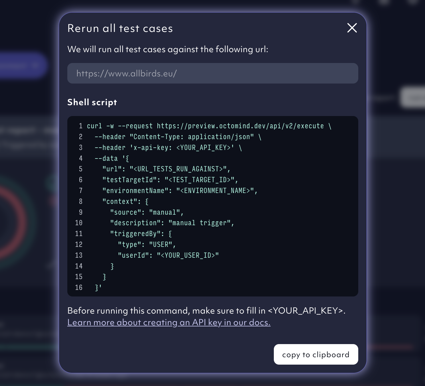 cURL command to run your test suite
