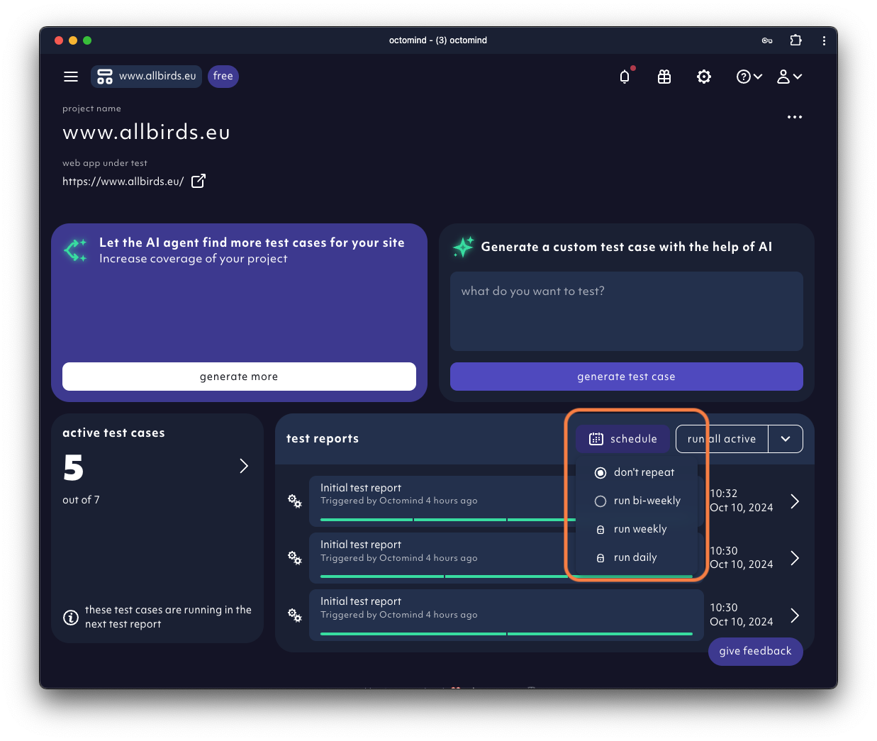 scheduling test runs in the Octomind app